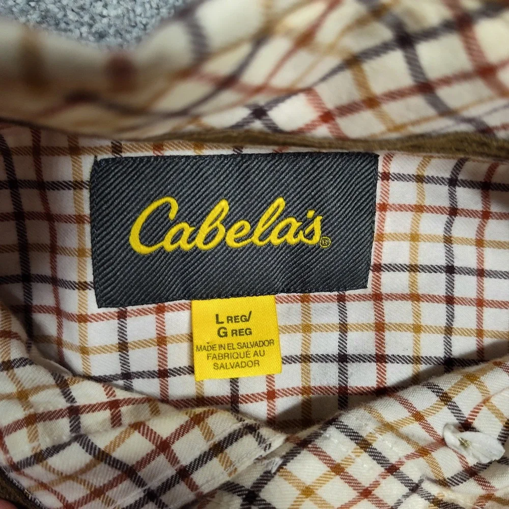 Cabelas Mens Long Sleeve Plaid Button Up Shirt Brown Tan Pocket Casual L